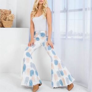Peach Love Tie Dye Blue Tan Boho Bell Bottom 70’s Inspired Style Jeans Feminine